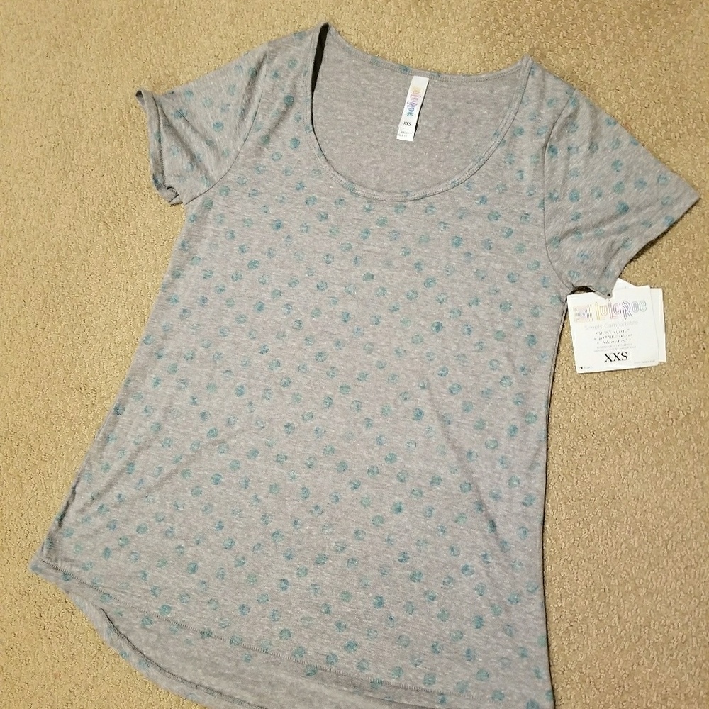 XXS LuLaRoe classic tee. Grey with aqua blue dots